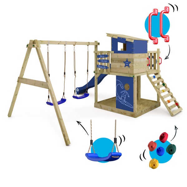 WICKEY Spielturm Klettergerüst Smart Camp mit Schaukel und Rutsche, Baumhaus mit Sandkasten, Kletterleiter und Spiel-Zubehör - blau
