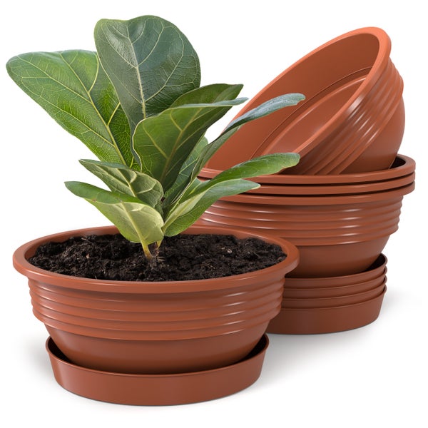 Plastard Pflanzschale 5er-Set in Terrakotta Ø 45 x 16 cm mit Untersetzer – wetterfest, frostbeständig, ideal für Garten, Balkon & Küche