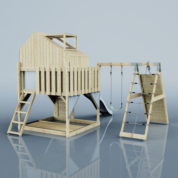 Holzspielhaus mit Rutsche, Schaukel und Kletternetz für den Garten