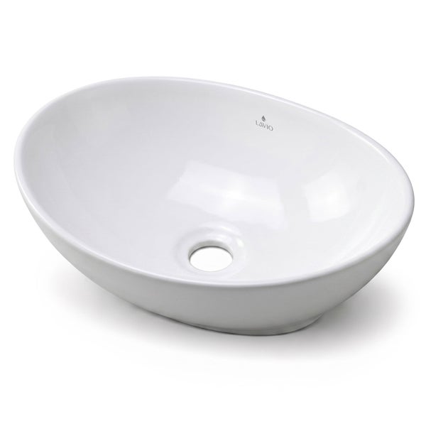 Weißes ovales Aufsatzwaschbecken aus Keramik mit Lavio Logo und mittigem Ablaufloch.