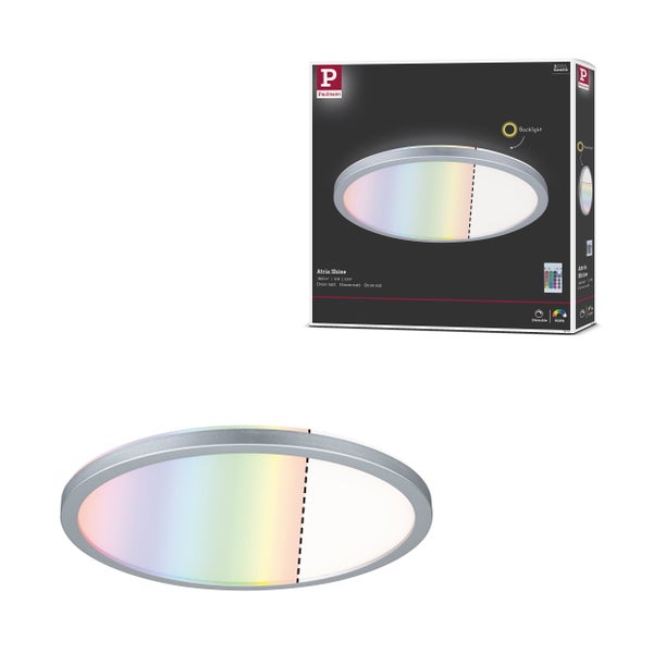 Set aus zwei runden Paulmann Atria Shine LED Aufbauleuchten mit Backlight Funktion in matter Metalloptik und Verpackung