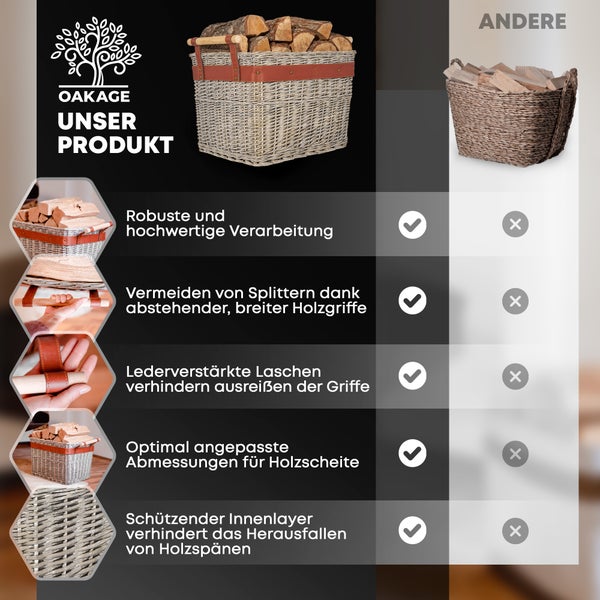 OAKAGE® WillowWrap Holzkorb Weide - mit ausreißsicheren Holzgriffen - 50x40x35cm
