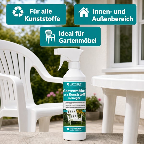 Hotrega Gartenmöbel und Kunststoff Reiniger in Sprühflasche für Innen- und Außenbereich, geeignet für alle Kunststoffe.