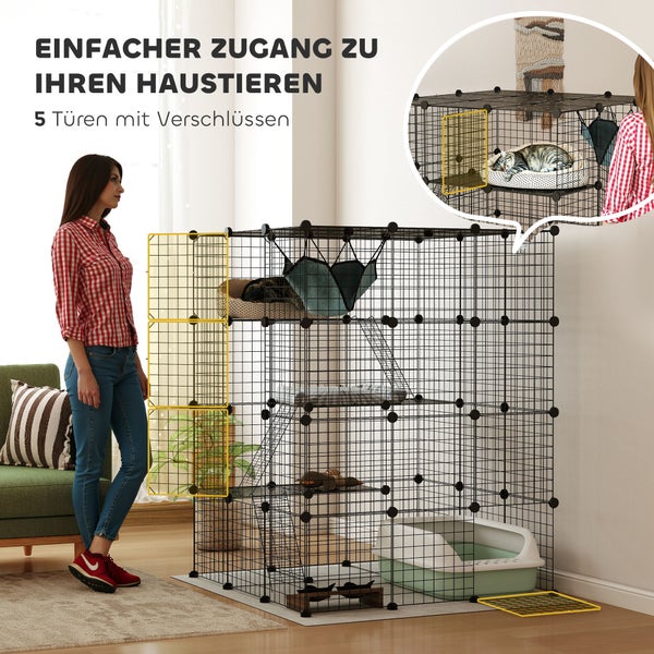 Geräumiges Haustierhaus mit fünf Türen und verschiedenen Ebenen für Katzenzubehör