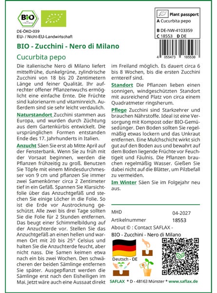 SAFLAX  - BIO - Zucchini - Nero di Milano - Cucurbita pepo - 6 Samen