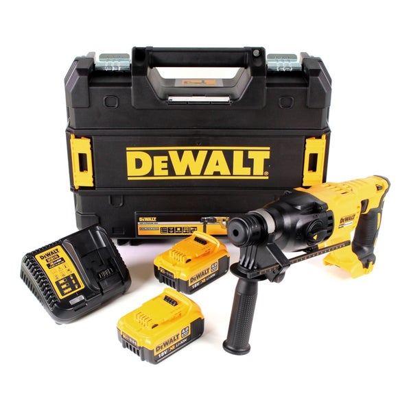 DeWalt Akku-Bohrhammer Set mit zwei 18 Volt Akkus, Ladegerät und schwarzem Transportkoffer.