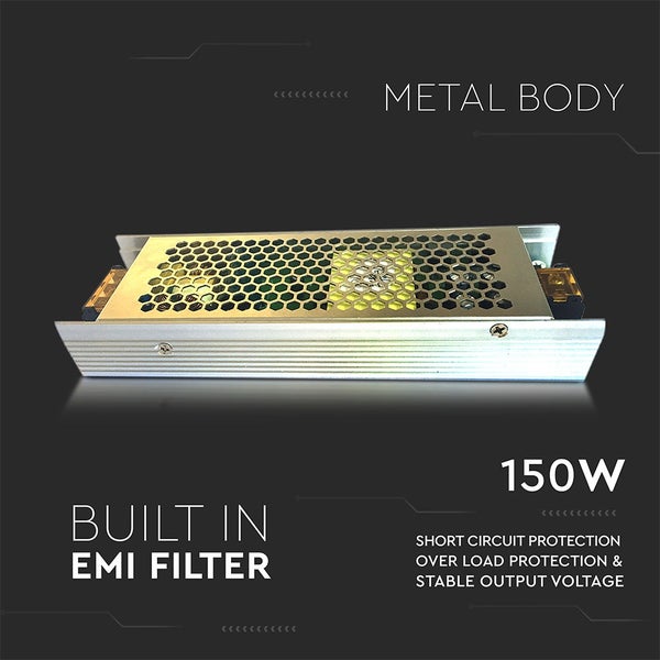 Netzteil mit 150 Watt Leistung, Metallgehäuse und integriertem elektromagnetischem Interferenzfilter für Kurzschlussschutz, Überlastschutz und stabile Ausgangsspannung.