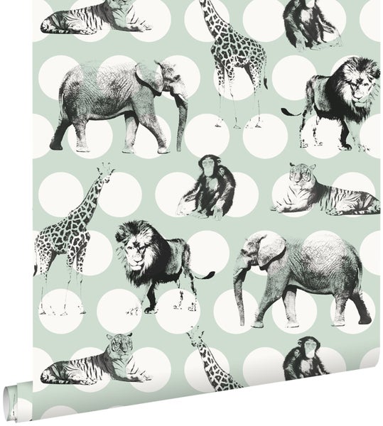 ESTAhome Tapete Tiere auf großen Punkten Mintgrün und Schwarz - 53 cm x 10.05 m - 128713