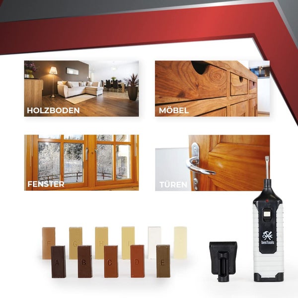 Holz-Reparaturset mit Beispielen für Holzboden, Möbel, Fenster und Türen, inklusive Wachsstangen, Wachsschmelzer und besTools Logo.