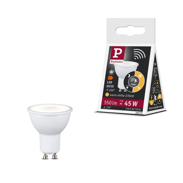 Paulmann LED Leuchtmittel GU10 mit Bewegungssensor und Tageslichtsensor sowie Produktverpackung