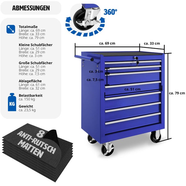 Werkzeugwagen tectake  Rollen Ø 100 mm 7 kugelgelagerte Schubladen mit Antirutschmatten blau
