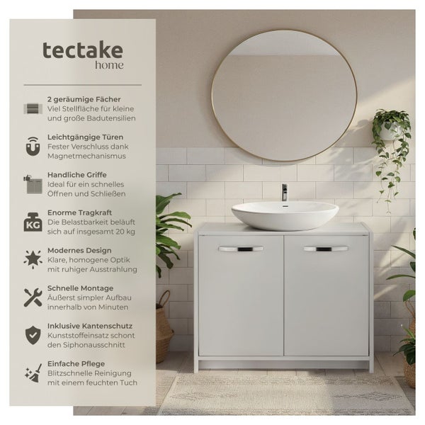 Tectake Home Waschbeckenunterschrank mit zwei Türen und zwei Innenfächern in einem modernen Badezimmerambiente mit rundem Wandspiegel.
