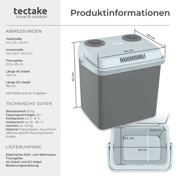 tectake Logo und Produktinformationen zur elektrischen Kühl- und Wärmebox mit Maßen von 44 mal 32 mal 45 Zentimeter und technischen Daten.