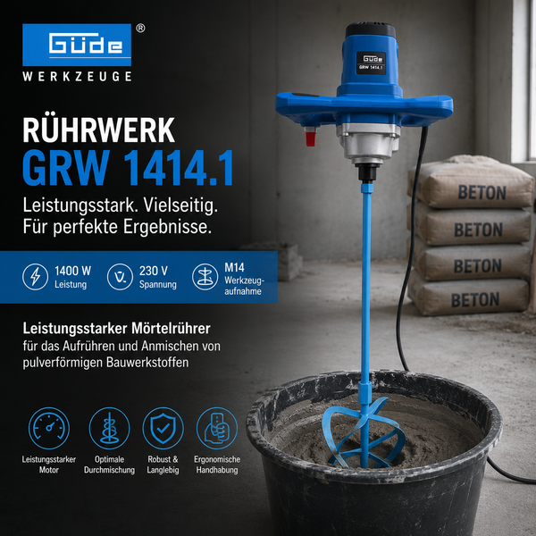 Güde Rührwerk GRW 1414.1 mit 1400 Watt Leistung und M14 Aufnahme beim Anmischen von Beton in einem Baueimer. Güde Werkzeuge Logo.