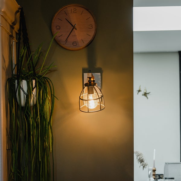 Eine Wandleuchte im Industriestil mit Käfigschirm neben einer hängenden Zimmerpflanze und einer Wanduhr in einem modern eingerichteten Wohnbereich.