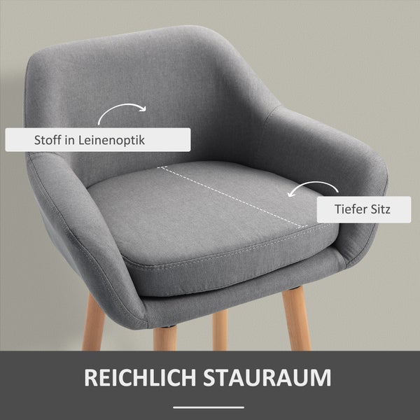 HOMCOM Barhocker 2er Set, Barstuhl mit Sitzkissen, Holzbeine, Rückenlehne und Armlehnen, Küchenstühle mit Fußstütze aus Holz, Tresenhocker für Küche, Wohnzimmer, Esszimmer, Leinenoptik, Grau