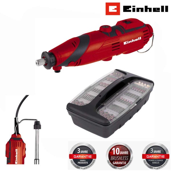 Einhell Akku-Schleif- und Gravur-Werkzeug Set inklusive Zubehörkoffer, biegsamer Welle, Einhell Logo und Garantie-Siegeln für 3 und 10 Jahre.