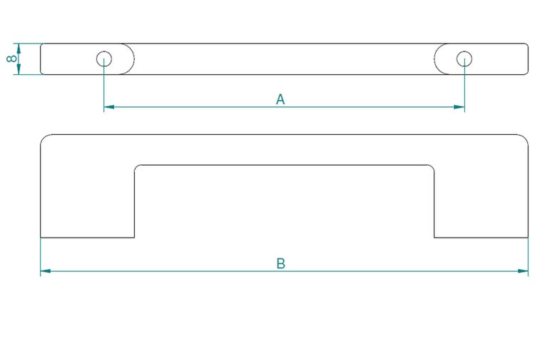 Technische Zeichnung eines Möbelgriffs mit Maßangaben