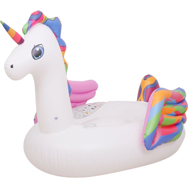 Aufblasbares Einhorn als Badeinsel für Pool und Meer mit buntem Horn und Flügeln.