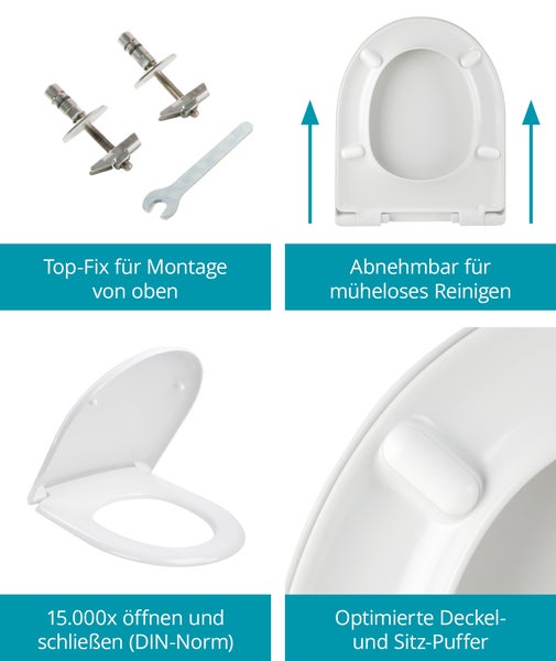Produktmerkmale eines WC Sitzes mit Top Fix Befestigung abnehmbarer Funktion Absenkautomatik und optimierten Puffern für Montage und Reinigung