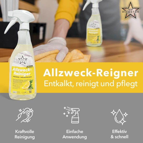 Ricostar Allzweckreiniger Citrus 500 ml – Universalreiniger für streifenfreien Glanz & hygienische Sauberkeit – Reinigungsspray für die Oberflächenreinigung – Effektiv gegen Verschmutzungen