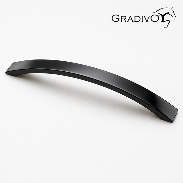 Schwarzer Bogengriff für Möbel und Gradivo Logo.