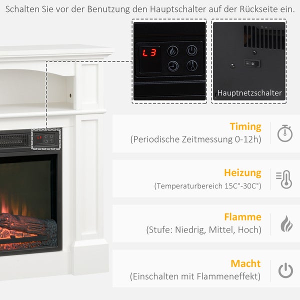 HOMCOM Elektrokamin Standkamin mit Heizung, 3D LED-Flammeneffekt, Regal, 1800 W Elektrischer Kamin mit Fernbedienung, Timer, Überhitzungsschutz für Wohnzimmer, Schlafzimmer, Weiß