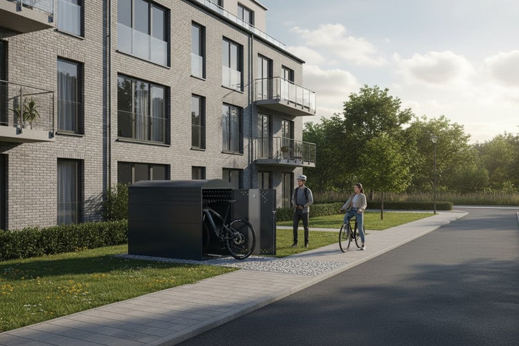 Fahrradbox vor einem Wohngebäude mit zwei Personen und Fahrrädern