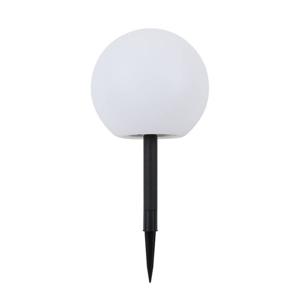 Solar-Kugelleuchte für den Garten mit weißem Schirm und schwarzem Erdspieß.