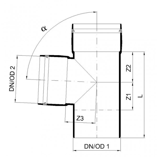 Technische Zeichnung eines Abzweigs für Abflussrohre mit Maßangaben für Durchmesser, Längen und Winkel.