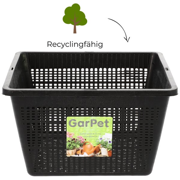 Schwarzer Pflanzkasten aus Kunststoff mit Recycling-Symbol und GarPet Logo