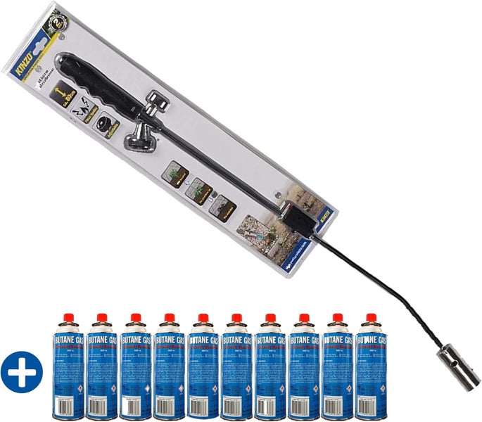 JUNG Kinzo Unkrautvernichter 80cm, Unkrautbrenner inkl 10 Gaskartuschen je 227g, Gasbrenner mit Piezozündung, Abflammgerät max 1000 °C, Brenner Flamme regulierbar,ideal als Grillanzünder, Shisha