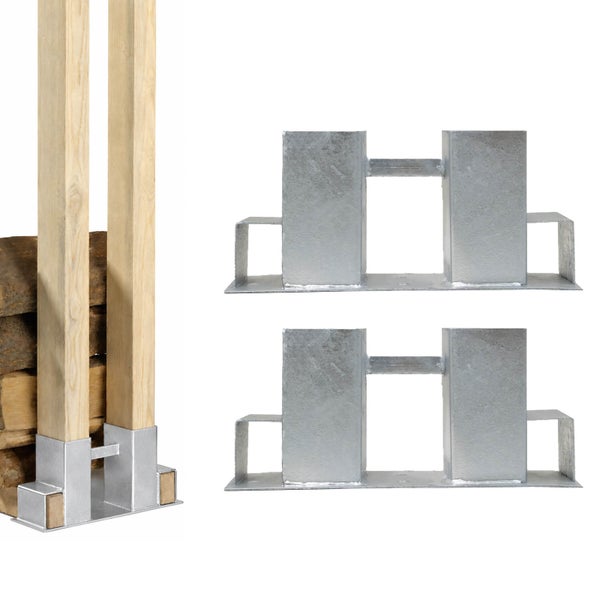 Kaminholzregal-Stecksystem aus verzinktem Stahl fuer Holzpfosten zur stabilen Lagerung von Brennholz