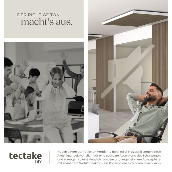 Akustikpaneele von tectake im Einsatz: Eine lärmgeplagte Büroszene und ein entspannter Mann in einem ruhigen Raum mit Holzoptik.