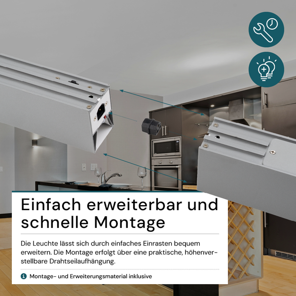 Erweiterbare Leuchte mit einfacher Montage in einer Küche.