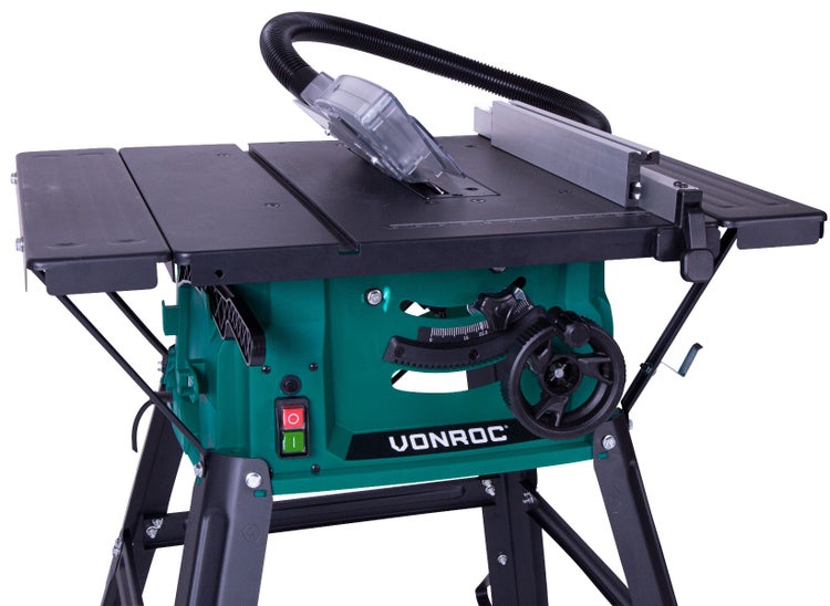 VONROC Tischkreissäge mit Untergestell und Führungsschiene 1500W - Tischsäge mit Staubabsaugung 5000U/min - 210mm - Inkl. Gehrungsführung und 40T Sägeblatt (Mit Untergestell)