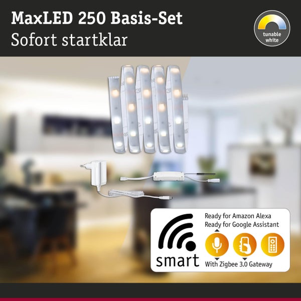 MaxLED 250 Basis-Set mit LED-Streifen, Netzteil und Controller. Einstellbare Weißtöne und Smart Home kompatibel mit Zigbee 3.0.