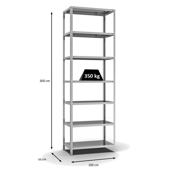 PROREGAL Fachbodenregal Schraubsystem Heavy-Duty Grundregal HxBxT 300 x 100 x 50 cm 7 Ebenen Fachlast 350 kg Beidseitig Nutzbar Verzinkt