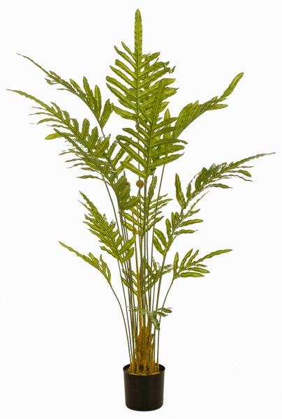 Künstliche Pflanze im schwarzen Topf, Detailansicht der Basis mit brauner Rindenoptik.