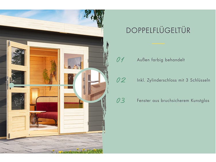 Modernes Gartenhaus mit farbig behandelter Doppelflügeltür, Zylinderschloss mit drei Schlüsseln und Fenstern aus bruchsicherem Kunstglas.