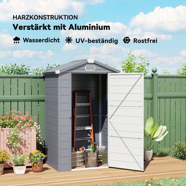 Gerätehaus mit geöffneter Tür, Innenansicht mit Leiter und Gartenutensilien, Detailbild der Verriegelung, Maße 0,74 Meter mal 1,8 Meter.