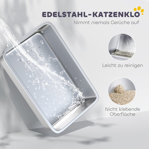 Edelstahl-Katzenklo wird mit Wasser abgespült. Geruchsresistent, leicht zu reinigen und mit nicht klebender Oberfläche.
