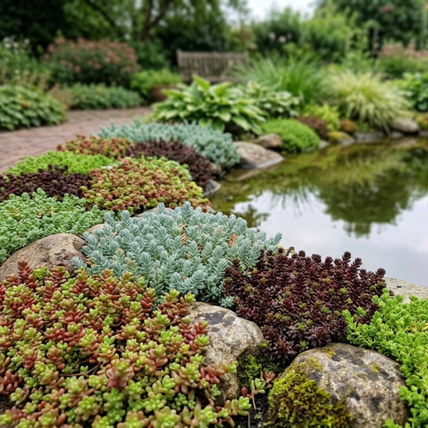 Verschiedene Sedum-Arten als Bodendecker am Rand eines Gartenteichs zwischen Steinen gepflanzt.