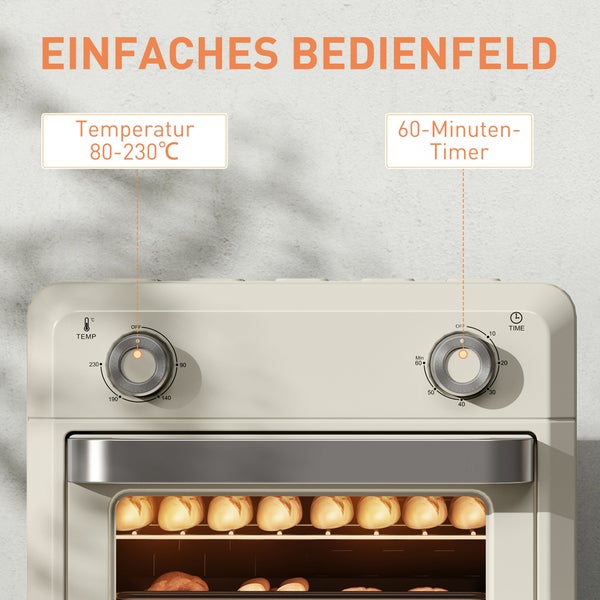 Bedienfeld eines Miniofens mit Temperaturregler von 80 bis 230 Grad Celsius und einem 60-Minuten-Timer.