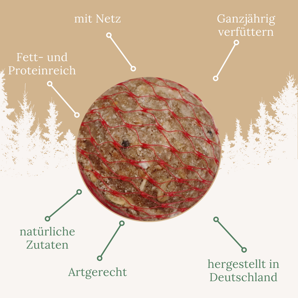 Fett- und proteinreiches Vogelfutter im Netz zur ganzjährigen Fütterung mit natürlichen Zutaten, artgerecht und hergestellt in Deutschland