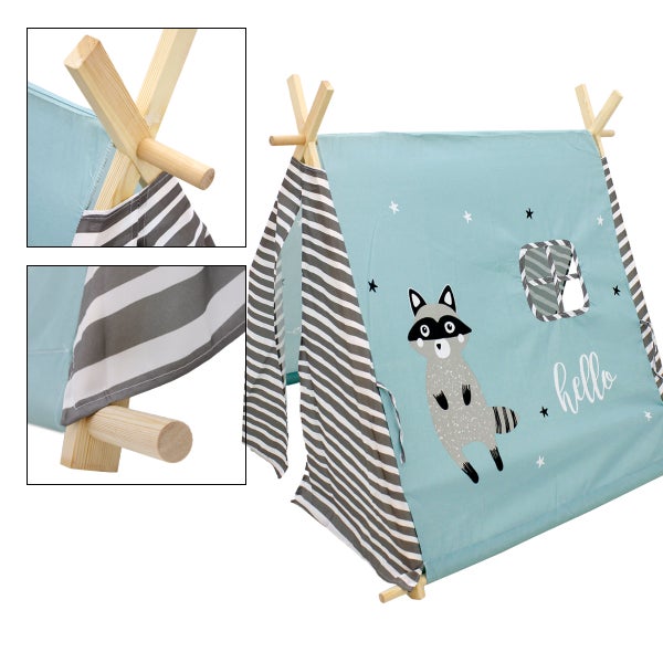 ECD Germany Tipi Spielzelt für Kinder, 108x105x117cm, Indianerzelt Türkis mit Waschbär Motiv, drinnen/draußen, Teepee Kinderzelt mit 2 Türen & einem Fenster, Kinderzimmer Spielhaus für Mädchen/Jungen