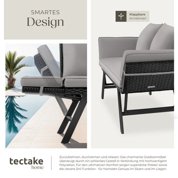 Rattan-Loungesofa tectake Sintra 157 x 61 x 89 cm 2in1 Funktion hellgrau/schwarz