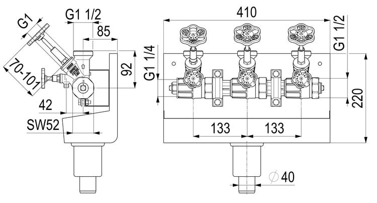 Technische Zeichnung eines Unterputz-Verteilerblocks für Heizungsanlagen mit Maßangaben in Millimetern.