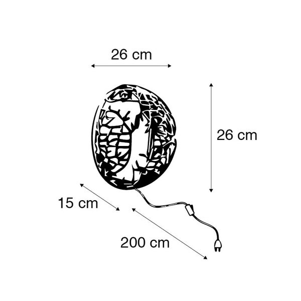 Abmessungen der Dekoleuchte: 26 cm hoch, 26 cm breit, 15 cm tief, Kabellänge 200 cm