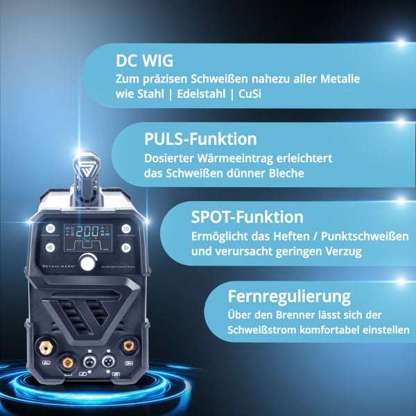 STAHLWERK Schweißgerät mit Funktionen wie DC WIG, Pulsfunktion, Spotfunktion und Fernregulierung